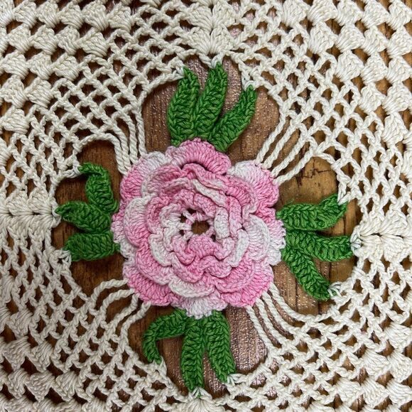 Vintage Handmade 15” Crochet Pink Green White Doily Rose Cottagecore Grandmacore - Picture 6 of 9
